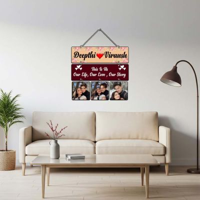 Personalized Wooden Couple Name Hanging Photo Frame Romantic Wall Decor for Living Room & Bedroom Gift For Anniversary, Valentines Day, Birthday, Husband Wife, Girlfriend Boyfriend